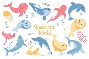 Reihe von Meerestieren der Unterwasserwelt, Haie, Delfine, Wale und Quallen. Drucken, Vorlagen, Vektor