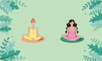 zwei schwangere mädchen, gesichtsloser stil mit roten und dunklen haaren in gelben und rosa anzügen, auf grünem hintergrund, sitzen in einer lotusposition und machen yoga. vektor