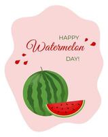 nationella vattenmelon dag kort eller bakgrund. vektor illustration.vector. sommar. skiva med frön. gratulationskort. firande.