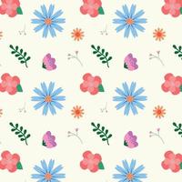 Muster mit rosa, blauen, pfirsichfarbenen Blumen und Blättern vektor