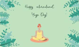 happy yoga day grußkarte ein schwangeres mädchen, gesichtsloser stil mit roten haaren in einem gelben anzug, auf grünem hintergrund, sitzt in einer lotusposition und praktiziert yoga. vektor
