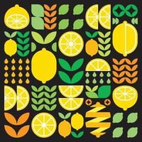 abstrakt konstverk av citron frukt mönster ikon. enkel vektorkonst, geometrisk illustration av gula citrussymboler, apelsiner, limefrukter, lemonad och löv. minimalistisk platt modern design, svart bakgrund. vektor