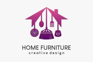 logotyper för hushållsapparater eller möbler, silhuetter av kvastar och bestick, stekredskap kombinerat med husikoner i ett kreativt koncept vektor