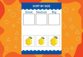 sortera bilder efter storlek med frukter. pedagogiskt arbetsblad för barn vektor