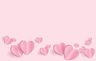 pappersskurna element i form av hjärtat flyger på rosa och söt bakgrund. vektor symboler för kärlek för glad alla hjärtans dag, födelsedag gratulationskort design.