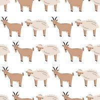 seamless mönster med söta med vita fluffiga får och getter. bakgrund med husdjur. tapeter, förpackningar. platt vektorillustration vektor