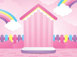 söt kawaii hus form bakgrundsskärm med färgglada staket och söta regnbåge moln element 3d illustration vektor scen för att placera ditt objekt