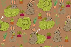 Nahtloses Muster von Kaninchen und Gemüse im Garten. Vektorgrafiken. vektor