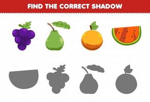 Lernspiel für Kinder Finden Sie den richtigen Schattensatz von Cartoon-Früchten, Trauben, Guave, Orange, Wassermelone vektor