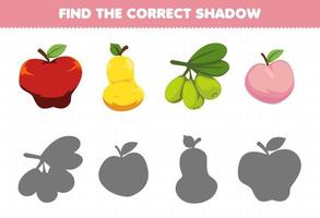 Bildungsspiel für Kinder Finden Sie den richtigen Schattensatz von Cartoon-Früchten Apfelbirne Olivenpfirsich vektor