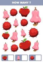 utbildningsspel för barn som söker och räknar aktivitet för förskolan hur många tecknade frukter äpple rambutan cashew vektor