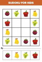 utbildning spel för barn sudoku för barn med tecknade frukter och grönsaker mangostan druva paprika banan bild vektor