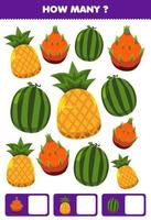 utbildningsspel för barn som söker och räknar aktivitet för förskolan hur många tecknade frukter ananas vattenmelon drake frukt vektor