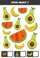 utbildningsspel för barn som söker och räknar aktivitet för förskolan hur många tecknad skiva frukt avokado melon vattenmelon vektor