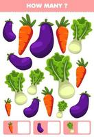 Bildungsspiel für Kinder, die Aktivitäten für die Vorschule suchen und zählen, wie viele Cartoon-Gemüse-Auberginen-Karotten-Salat vektor