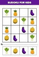 utbildning spel för barn sudoku för barn med tecknade frukter och grönsaker ananas aubergine durian bild vektor