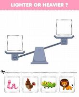 Lernspiel für Kinder Leichtere oder schwerere Bilder unten ausschneiden und auf die rechte Schachtel mit niedlichem Cartoon-Tier Wurm Huhn Leguan Löwe kleben vektor