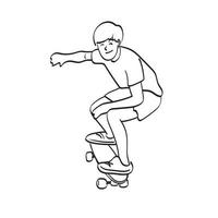 männlicher skateboarder der strichzeichnungskunst mit dem handgezeichneten lächelnillustrationsvektor lokalisiert auf weißem hintergrund vektor
