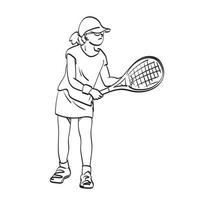 Strichzeichnungen in voller Länge von jungen Sportmädchen, die Tennisillustration spielen, Vektorhand gezeichnet isoliert auf weißem Hintergrund vektor