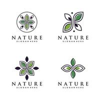 set bunt av natur logotyp design med linjekonst och blad element premium vektor