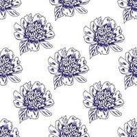 handritad elegant blommig vektor seamless mönster. blå kontur av en pionblomma på en vit bakgrund. för tryck på tyger, textilier, heminredning, sängkläder, spetsar.