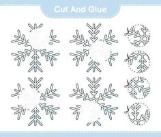 klipp och limma, skär delar av snöflinga och limma dem. pedagogiska barn spel, utskrivbara kalkylblad, vektor illustration