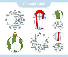 schneiden und kleben, teile von schneeflocke, weihnachtskugel, geschenkbox schneiden und kleben. pädagogisches kinderspiel, druckbares arbeitsblatt, vektorillustration vektor