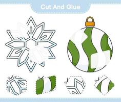 klipp och limma, skär delar av snöflinga, julkula och limma dem. pedagogiskt barnspel, utskrivbart kalkylblad, vektorillustration vektor