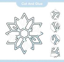klipp och limma, skär delar av snöflinga och limma dem. pedagogiska barn spel, utskrivbara kalkylblad, vektor illustration