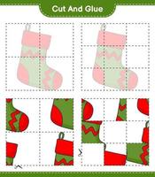 klipp och limma, skär delar av julstrumpan och limma dem. pedagogiskt barnspel, utskrivbart kalkylblad, vektorillustration vektor