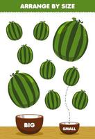 Lernspiel für Kinder nach Größe anordnen groß oder klein in die Schüssel legen Cartoon Obst Wassermelone Bilder vektor