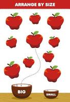 Lernspiel für Kinder Sortieren nach Größe groß oder klein in die Schüssel legen Cartoon Obst Apfelbilder vektor