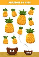Lernspiel für Kinder nach Größe anordnen groß oder klein in die Schüssel legen Cartoon Obst Ananas Bilder vektor