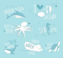 en rad marina set. undervattenskontur djur emblem. linje konst havet och havet liv bokstäver samling. vektor
