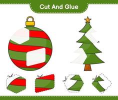 klipp och limma, skär delar av julgran, julkula och limma dem. pedagogiskt barnspel, utskrivbart kalkylblad, vektorillustration vektor
