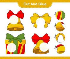 klipp och limma, klipp delar av julklockan, band, presentförpackning och limma dem. pedagogiskt barnspel, utskrivbart kalkylblad, vektorillustration vektor
