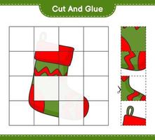 klipp och limma, skär delar av julstrumpan och limma dem. pedagogiskt barnspel, utskrivbart kalkylblad, vektorillustration vektor