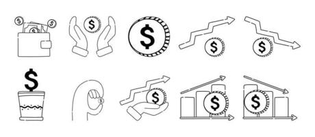 Geld, Finanzen, Bankumrisse Icon-Sammlung. Geldliniensymbole sind eine Reihe von Vektorillustrationen. Münzen, Geldbörse, Aufstieg und Fall. vektor
