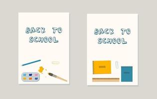 zwei layouts mit der aufschrift back to school malt pinsel bleistifte bücher lehrbücher vektor
