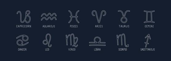 Vektor-Set von Tierkreiszeichen. Symbole 12 Schilder mit Inschriften am blauen Himmel. Vektorbilder von Tierkreiszeichen für Astrologie und Horoskope. vektor