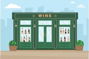Weinhandlung auf der Straße. Weiß-, Rot- und Roséwein in Flaschen auf dem Schaufenster des Ladens. Frontfassade der Weinhandlung. Vektor-Illustration.
