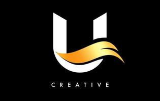 Buchstabe u-Logo-Icon-Design mit goldenem Swoosh und kreativem Vektor mit gebogener Schnittform