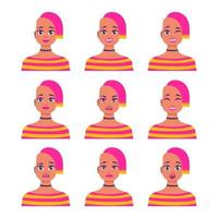 uppsättning av ung kvinnlig ikon med känslor i tecknad stil. flicka avatar profil med ansiktsuttryck. karaktärsporträtt i klara färger. isolerade vektorillustration i platt design vektor
