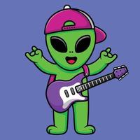 cooles alien, das e-gitarren-cartoon-vektor-symbol-illustration spielt. flaches karikaturkonzept der wissenschaftstechnologie vektor