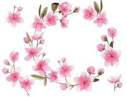 akvarell ritning set med sakura blommor. rosa blommor sakura, körsbär, äppelträd isolerad på vit bakgrund. element och krans vektor