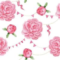 akvarell sömlösa mönster med rosa rosblommor, pion och söta semesterflaggor. barntryck för flickor med rosa blommor på vit bakgrund. vektor