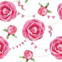 akvarell sömlösa mönster med rosa rosblommor, pion och söta semesterflaggor. barntryck för flickor med rosa blommor på vit bakgrund. vektor
