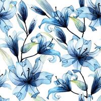 Aquarell Musterdesign mit transparenten Blumen. blaue Lilien auf weißem Hintergrund. Blumendruck in blauen Pastellfarben. vektor