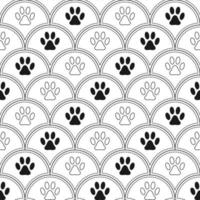 Nahtloser Musterhintergrund mit Fußabdrücken von Haustieren in fächerförmigem Diagonalgitter. Schwarz und weiß. Vektor. vektor