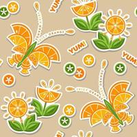 Muster mit Text, Schmetterlingsaufkleber, Blumen aus Orangenscheiben, grüne Blätter. gut für die Dekoration von Kindertextilien, Lebensmittelverpackungen, Lebensmitteln, Landwirtschaftsgeschäften. flacher Stil vektor